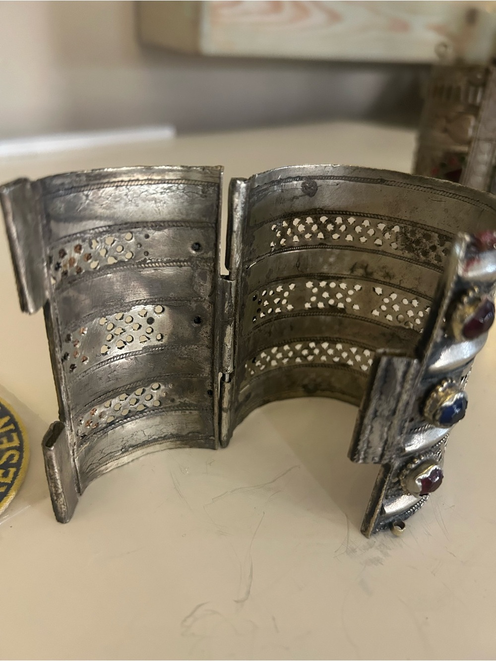 Vintage Indian Wear Silver-Tone Cuff Bracelet with Red and Blue Stones - Picture 9 of 10